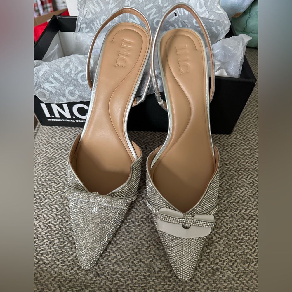 INC International Concepts Silver Rhinestone Pointed Toe Slingback Heels